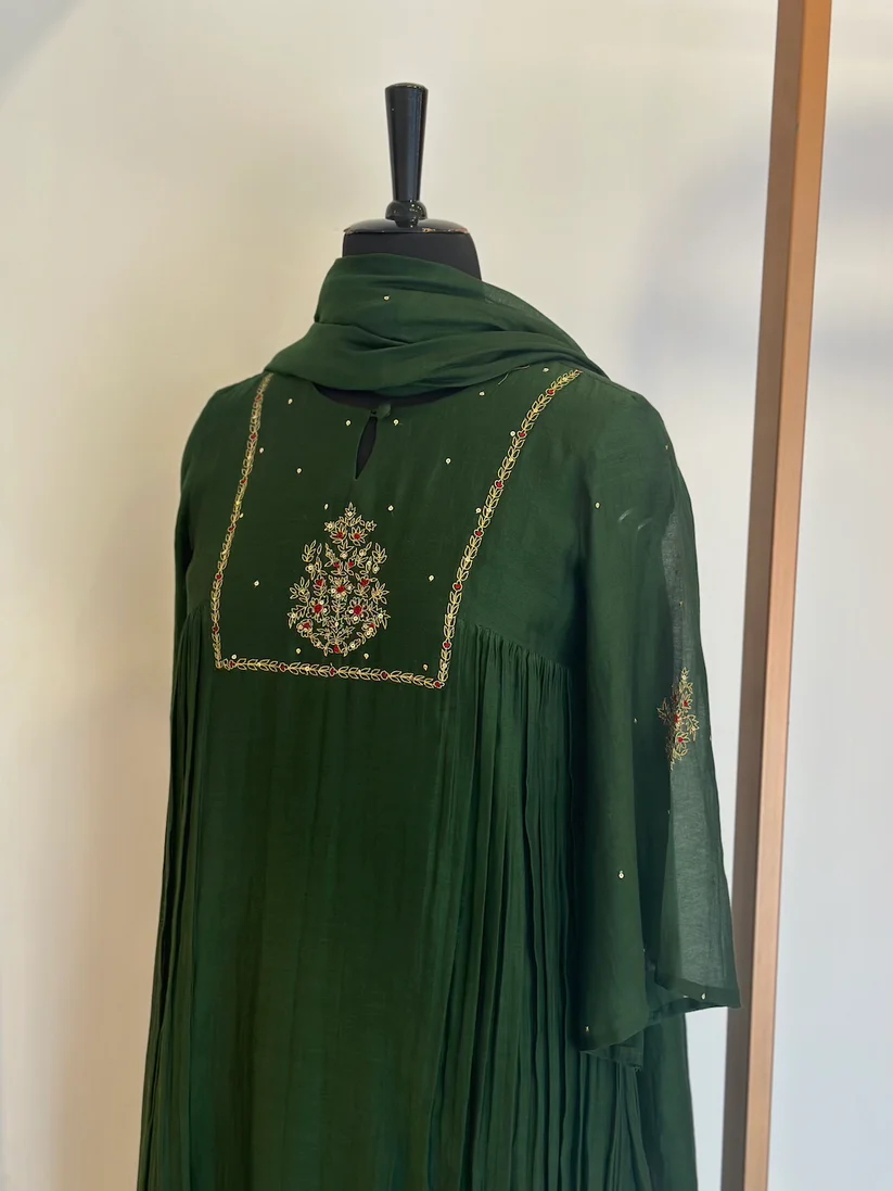 Ekaya - Bottle Green Motif Mul Chanderi Kurta Set